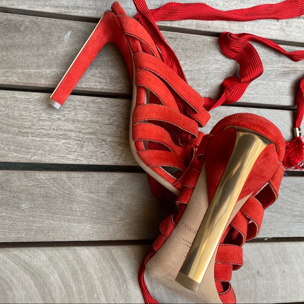 GIORGIO ARMANI Red Sandals w Heel & Braided Laces - Picture 5 of 13